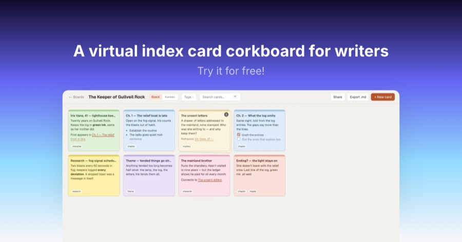 Cork's corkboard of colorful index cards